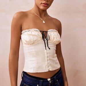 Urban Outfitters Cream Strapless Corset Crop Top with Black Tie